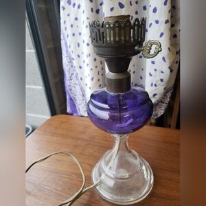 Antique PURPLE Glass Oil Lamp Converted Electric Table Light Victorian/Amethyst